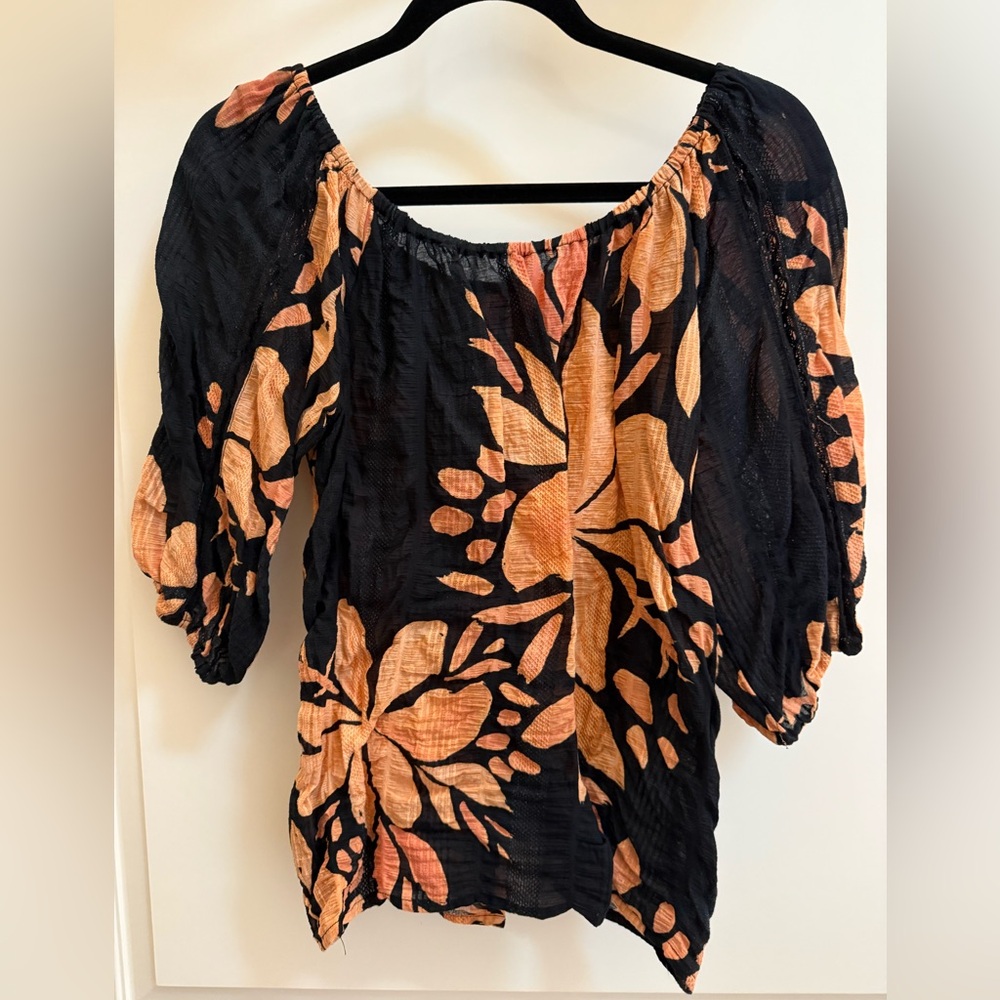 Anthropologie Orange and Black Relaxed Off The Shoulder Puffed Sleeve Blouse - Picture 8 of 11